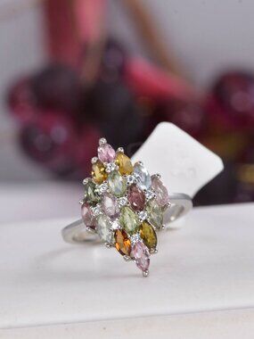 Natural Tourmaline Cluster Ring Real 925 Sterling sz 8